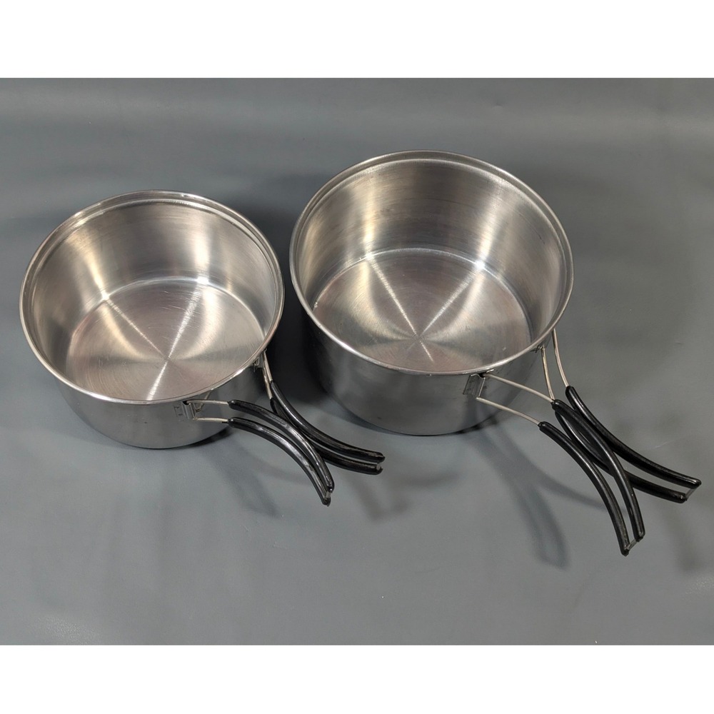 Vintage Stainless Steel Nesting Camping Pot Set Folding Handles 2 Piece